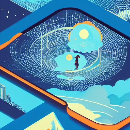 Prompt: illustration of a mobile phone with a planet and landscape inside the screen going out of it, in 4 d, detailed and intricate forty five degree isometric, cross by victo ngai and studio muti