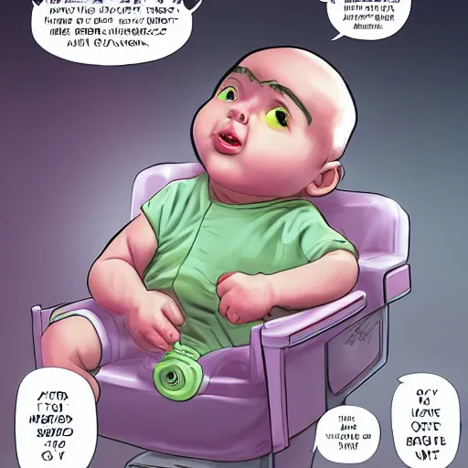 Image similar to portrait of a smug baby performing neurosurgey, medium shot, highly coherent, saga comic, fiona staples