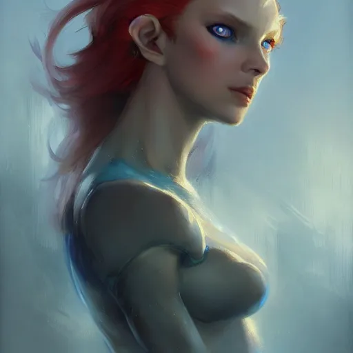 Image similar to A detailed matte oil on canvas portrait of a beautiful elven woman with blue red eyes and red hair by greg rutkowski and Charlie bowater, trending on artstationhd, dungeons and dragons art