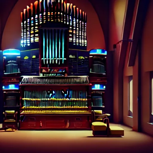 Image similar to pipe organ in the main office of the time saving bank, cyber punk, retro machinery, futuristic hi-tech details, art by anthony macbain + greg rutkowski + jean giraud, concept art, 4k, sharp focus, cinematic render unreal engine