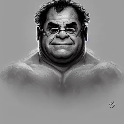 Image similar to clear portrait hulking herculean ogre danny devito, background hyper detailed, character concept, full body, dynamic pose, glowing lights intricate, elegant, highly detailed, digital painting, artstation, concept art, sharp focus, illustration, van baarle lois and sanderson ruth