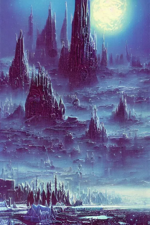 Image similar to a city in an frozen world landscape, cosmic sky sci - fi vivid by bruce pennington