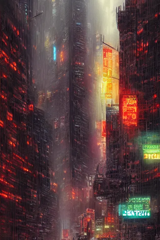 Prompt: beautiful digital illustration New York City rain cyberpunk by Marc Simonetti