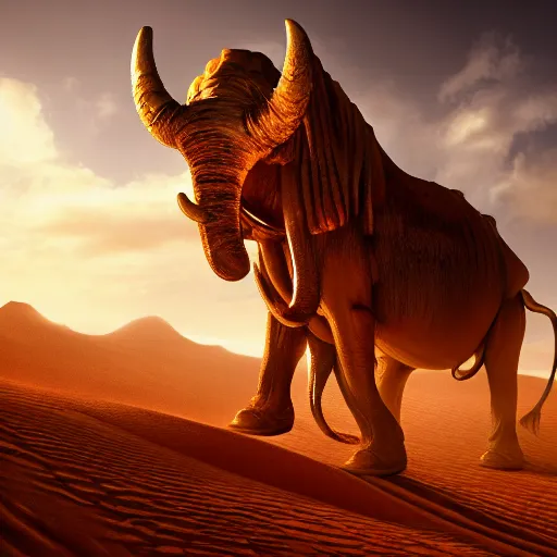 Image similar to golden mammoth in the dessert, artstation, midjourney, dall - e 2, cgsociety, cgi, digital, illustration, arts, realistic, awards winning, dramatic, cinematic, artistic, famous, detailed