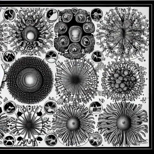 Image similar to ernst haeckel the coronavirus and other viruses in color on black background, symmetrically arranged