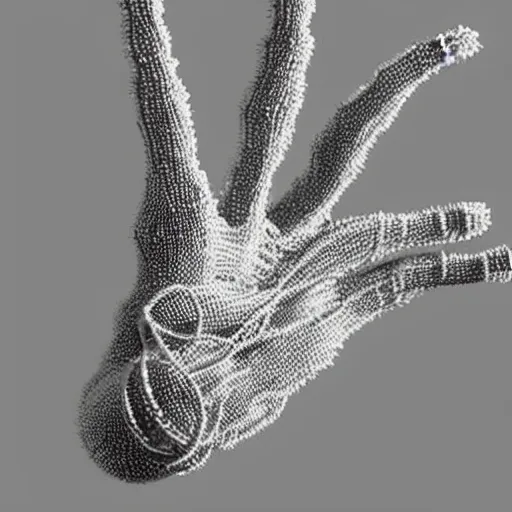 Prompt: a hand is holding a piece of white wire, a stipple by meret oppenheim, featured on zbrush central, cobra, made of paperclips, made of wire, made of beads and yarn