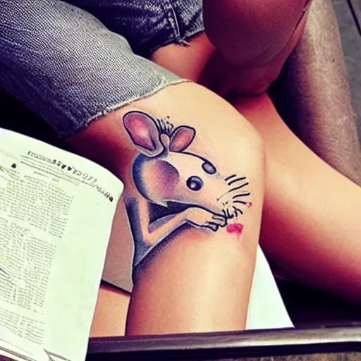 Image similar to tatoo on girl's leg with cute rat reading newspaper