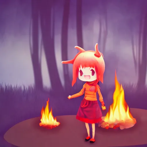 Image similar to cute fumo plush manic happy pyromaniac girl giddily starting a huge bonfire in the forest, horned demon imp girl, stylized pbr anime shader, burning flames, warm glow and volumetric smoke vortices, filmic, rule of thirds composition, vignette, vray