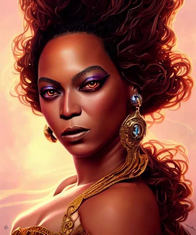 Image similar to Beyoncé as a fantasy magic woman portrait, sci-fi, amber eyes, face, long hair, fantasy, intricate, elegant, highly detailed, digital painting, artstation, concept art, smooth, sharp focus, illustration, art by artgerm and greg rutkowski and alphonse mucha