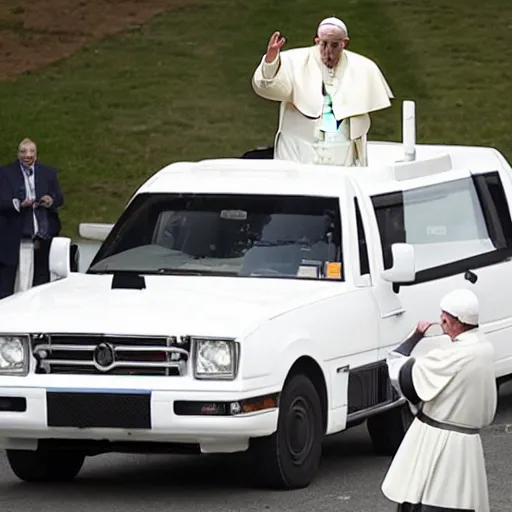 Prompt: the pope doing a drive-by shooting in the popemobile