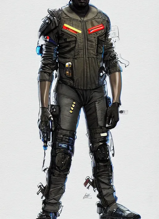 Image similar to chidi igwe. cyberpunk police officer in tactical harness and jumpsuit. portrait by stonehouse and mœbius and will eisner and gil elvgren and pixar. realistic proportions. dystopian. cyberpunk 2 0 7 7, apex, blade runner 2 0 4 9 concept art. cel shading. attractive face. thick lines.