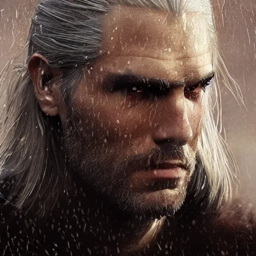 Prompt: geralt of rivia with long beard and intense eyes, scarred, wet, raining, close up, rim lighting, portrait, sinister atmospheric lighting. highly detailed painting by greg rutkowski, anime style