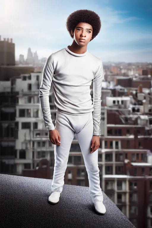 Image similar to un ultra high definition studio quality photographic art portrait of a young man standing on the rooftop of a british apartment building wearing soft padded silver pearlescent clothing. three point light. extremely detailed. golden ratio, ray tracing, volumetric light, shallow depth of field. set dressed.