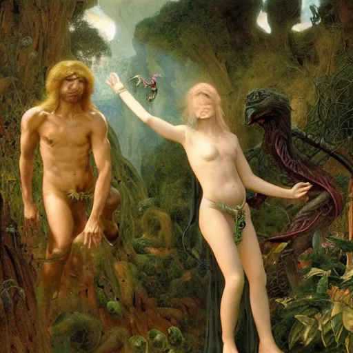 Image similar to Close-up of God being angry in the Garden of Eden. Adam and Eve look very guilty and the snake is leaving the scene quietly - Matte painting , detailed painting, made by Edgar Maxence and Ross Tran and Michael Whelan, Lorenzo Sperlonga Legends of Runeterra