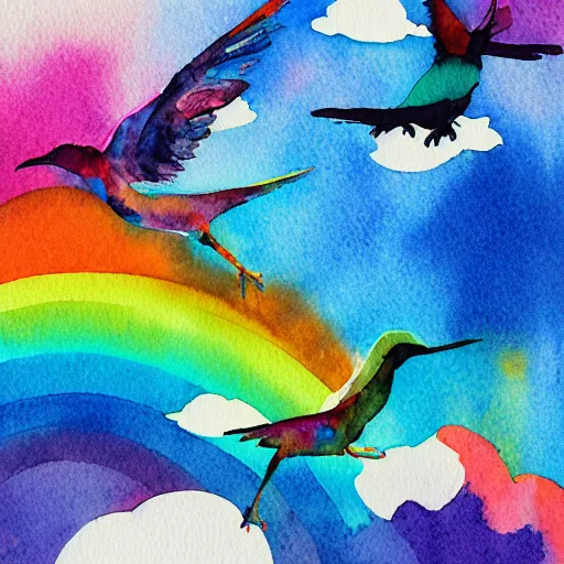 Image similar to dancing on top of a rainbow in the stratosphere, minimalist, watercolor, ink under paint, muted colors, birds - eye view. digital art, ue 5