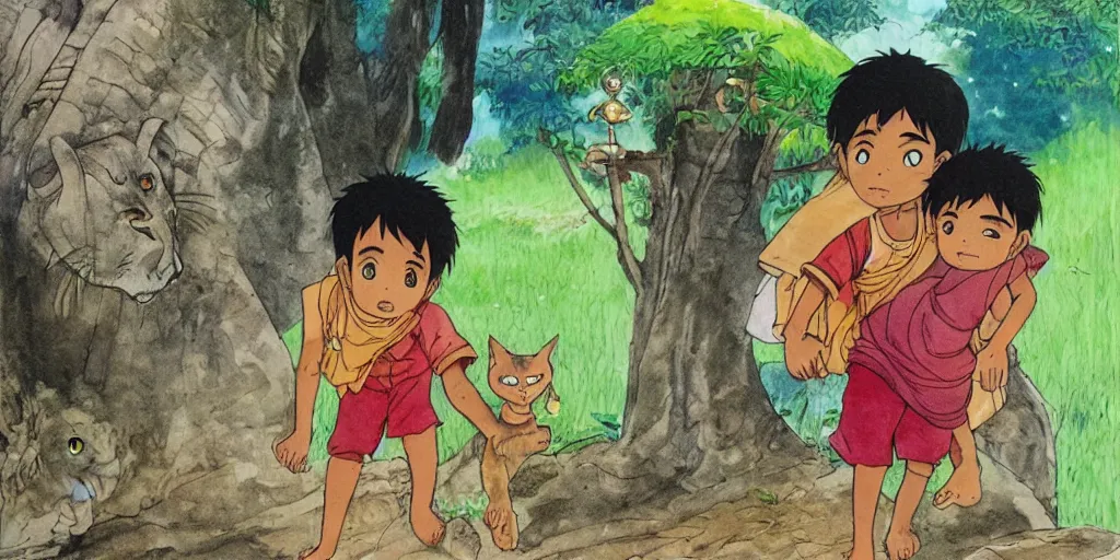 Image similar to sri lankan kid and cat, drawn by hayao miyazaki