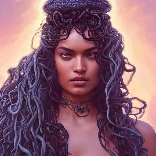 Image similar to Shanina Shaik as Medusa, frowning, scowl, snakes for hair, intricate, elegant, highly detailed, digital painting, artstation, concept art, smooth, sharp focus, illustration, art by artgerm and greg rutkowski and alphonse mucha