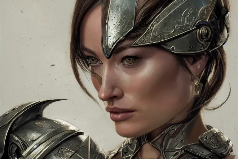 Image similar to a finely detailed portrait of Olivia Wilde, clothed in battle armor, olive skin, long dark hair, beautiful bone structure, symmetrical facial features, intricate, elegant, digital painting, trending on Artstation, concept art, smooth, sharp focus, illustration, from Metal Gear by Ruan Jia and Mandy Jurgens and Artgerm and Greg Rutkowski and william-adolphe bouguerea, award winning