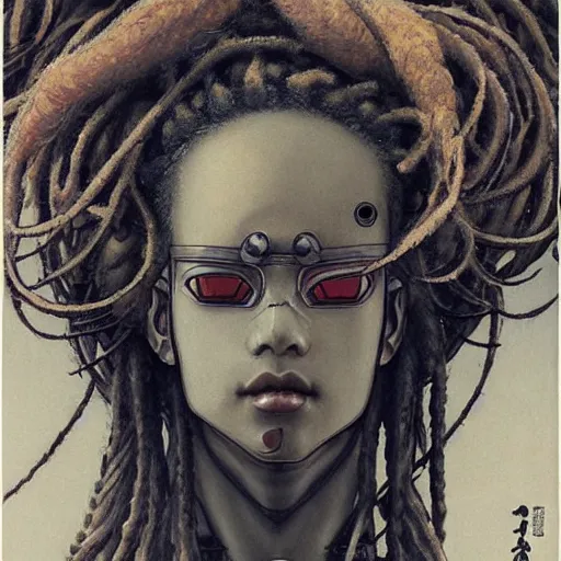 Image similar to a beautiful ukiyo painting of robot with dreadlocks, wearing space techwear, detailed symmetrical close up portrait, intricate complexity, by takato yamamoto, wlop, krenz cushart. cinematic dramatic atmosphere, sharp focus