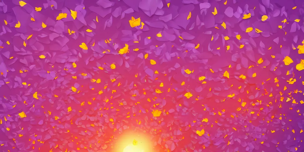 Image similar to background art of spaciously scattered flower petals flowing and floating through the blowing swirling directional wind from left to right on a simple sunset background, large individual rose petals, angular background elements, polygonal fragments, anime, artgerm, manga, trending on artstation, art nouveau, mature color scheme