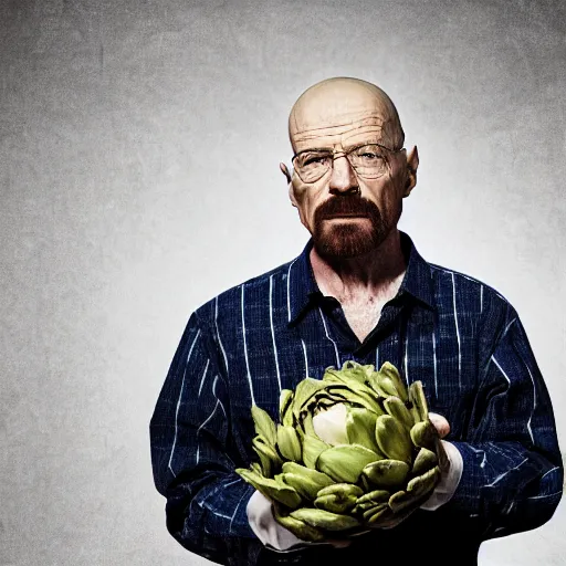 Image similar to walter white eating artichoke, photography,