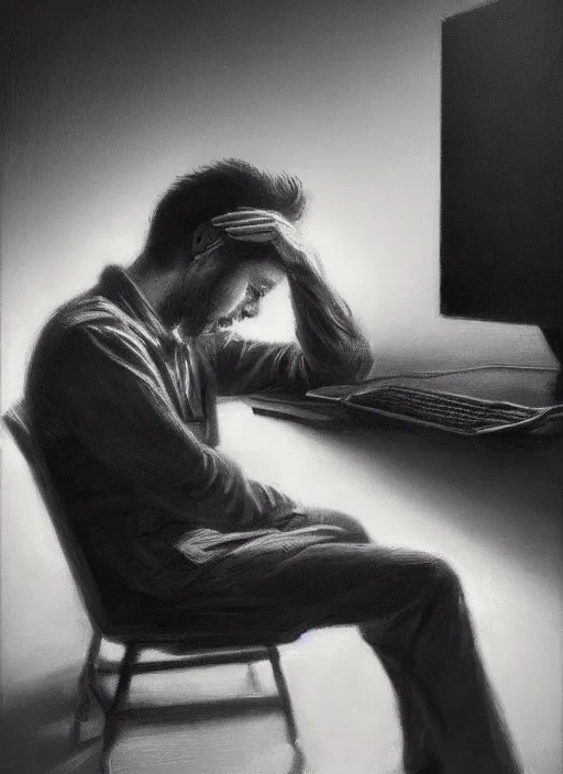 Image similar to insanely detailed chiaroscuro image of a sleepy - looking programmer guy on his knees facing his glowing ultrawide monitor begging it for forgiveness, oil on canvas, masterwork, fine detail, trending on artstation, emotive, insanely compelling, ryden, koons, moebius