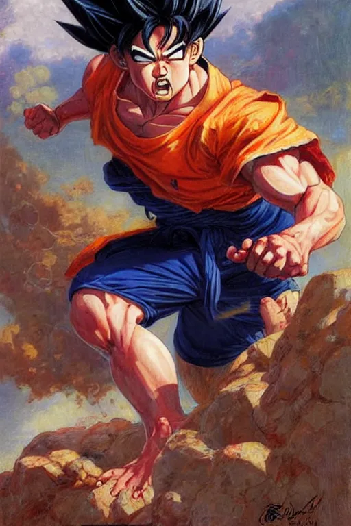 Image similar to simu liu as goku. art by gaston bussiere.