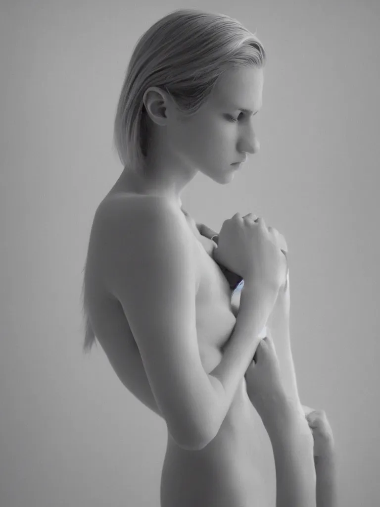 Image similar to cute annie leonhart in a white room, beautiful face, pale skin, rule of thirds, cinematic lighting, rainy weather, melancholy atmosphere, sharp focus, backlit, stunning, model agency, smooth, hard focus, full body shot, instagram photo, shot on iphone 1 3 pro max, hyper realistic,