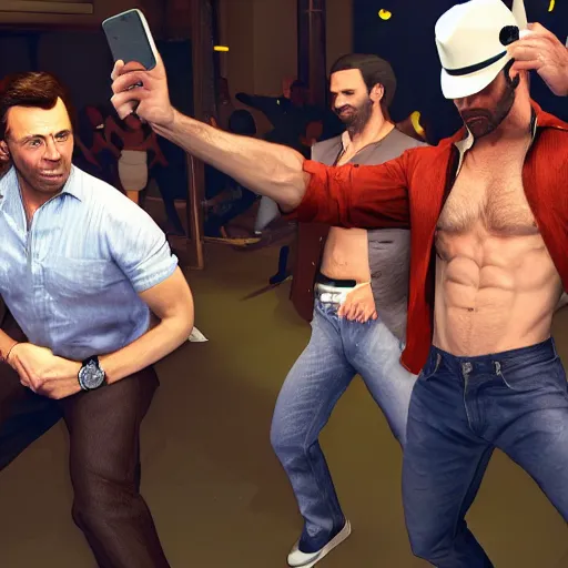 Image similar to action shot of hugh jackman at a GTA V dance club taking selfies with friends and a pile of cash in the background, 8K, highly detailed, photo realistic, high energy, artstation, by Stuart Ng