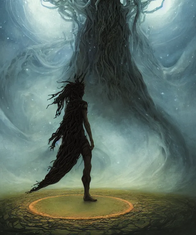 Prompt: a druid standing in a circle at the beginning of the world by alan lee and peter mohrbacher