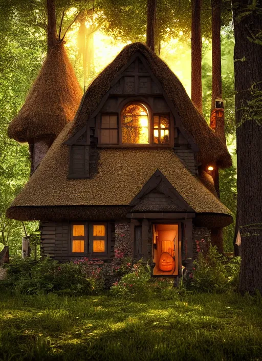 Image similar to hyper realistic homely witch cottage with random architectural styles, in the woods gorgeous lighting, highly detailed, lush forest architectural render, octane render, ue 5 raytraced