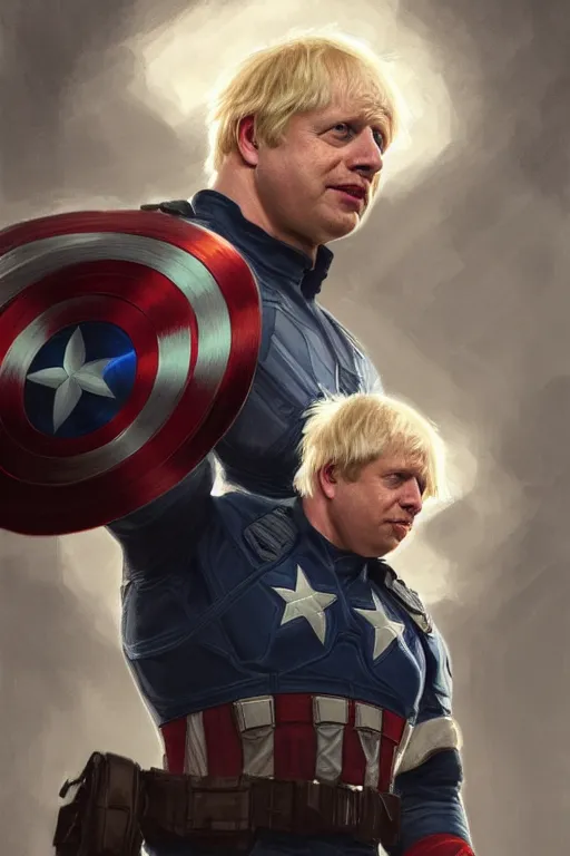 Image similar to Boris Johnson as Captain America, realistic portrait, symmetrical, highly detailed, digital painting, artstation, concept art, smooth, sharp focus, illustration, cinematic lighting, art by artgerm and greg rutkowski and alphonse mucha