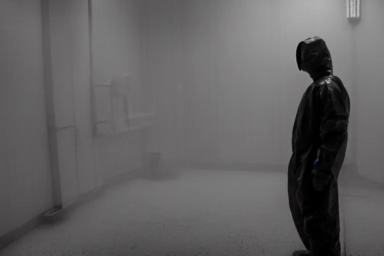 Prompt: a cinematic portrait of a prisoner dressed in a a black and white hazmat suit, in a small prison cell, dust storm, emergency exit, annie leibovitz and zack snyder, 8 k, hd, high resolution, 8 5 mm, f / 1. 8