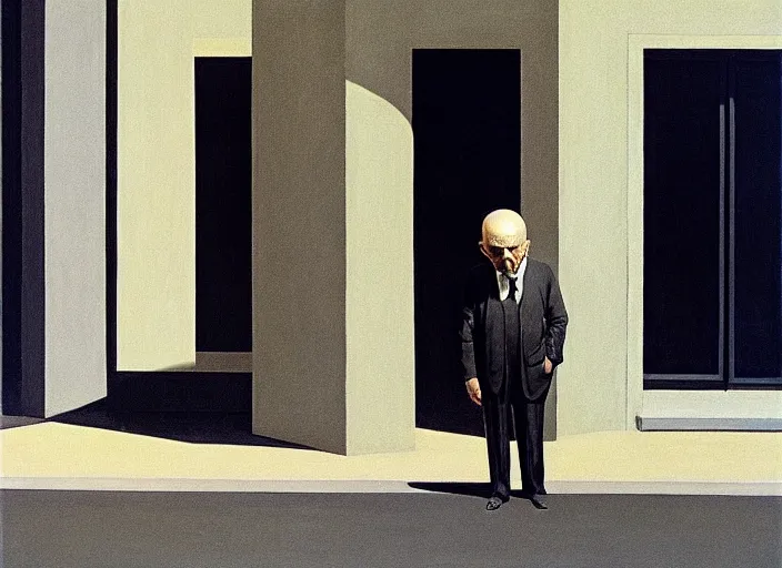 Prompt: aslouchy elegant old man with a black balloon stands at citroen ds 1 9 in grim rome, highly detailed, soft lighting, elegant, by edward hopper and james gilleard, zdzislaw beksinski, steven outram, highly detailed