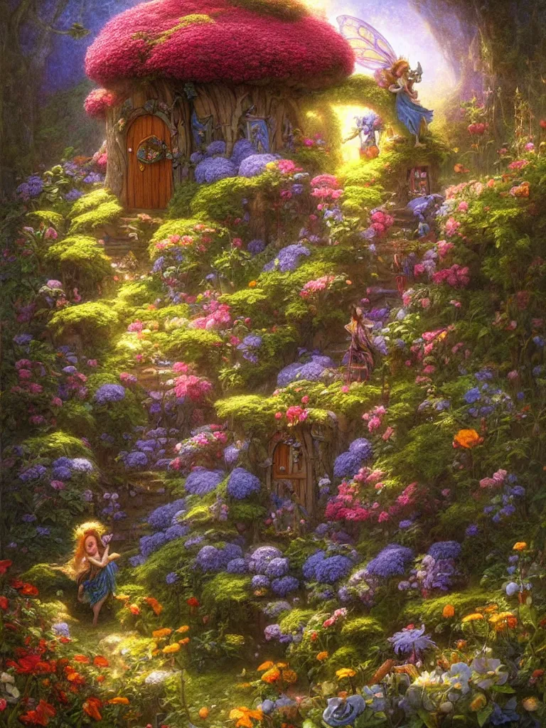 Image similar to a whimsical fairy house in a beautiful garden of flowers Justin Gerard, morning light, tarot card