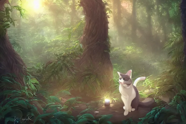 Image similar to a cat in a forest, highly detailed, digital art, trending on artstation, backlighting, by kawacy, by wayne mclouglin, by don bluth