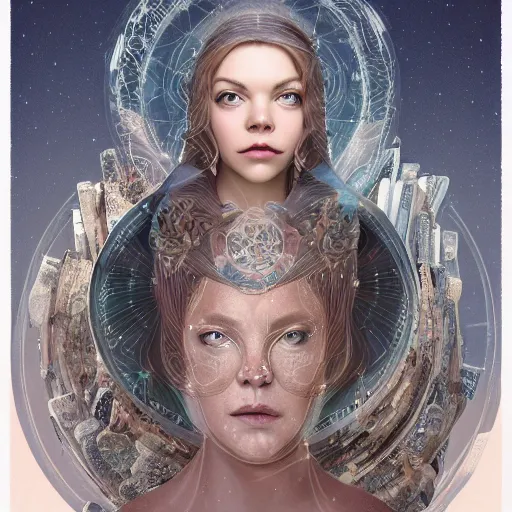 Image similar to a portrait of a older anya taylor - joy as the goddess minerva surrounded by stacks of books, bioluminescent gown with deep level of detail of esoteric symbols, urban motifs, intricate, elegant, highly detailed, digital painting, trending on artstation, concept art, smooth sharp focus, illustration, art by artgerm and greg rutkowski