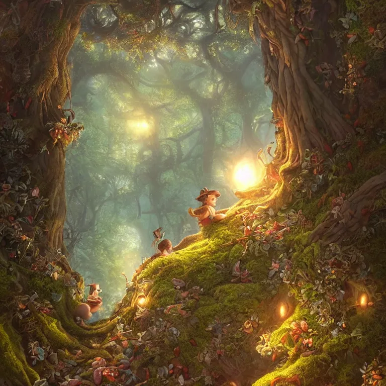 Prompt: tiny seeds float around a fairytale tree in a forest glade by Justin Gerard, evening light, fantasy art, trending on artstation