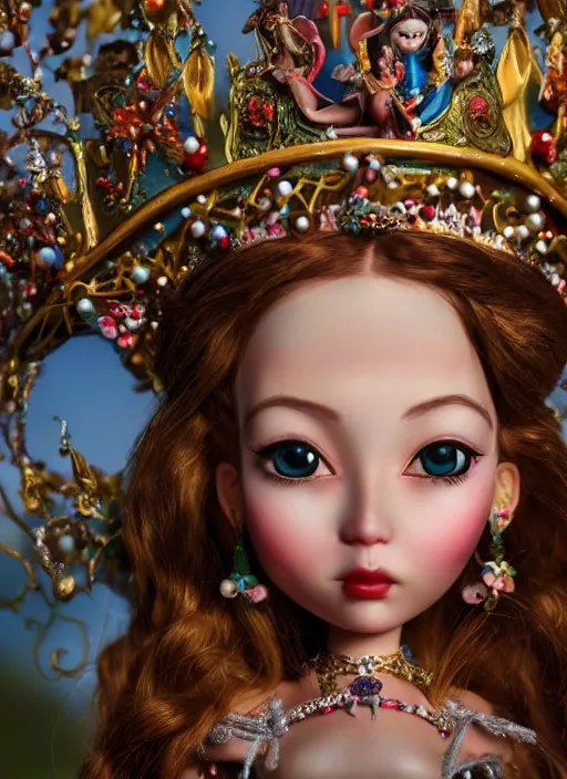 Image similar to closeup profile portrait of tin toy fairytale princess wearing a crown, bikini, depth of field, zeiss lens, detailed, symmetrical, centered, fashion photoshoot, by nicoletta ceccoli, mark ryden, lostfish, breathtaking, 8 k resolution, extremely detailed, beautiful, establishing shot, artistic, hyperrealistic, octane render