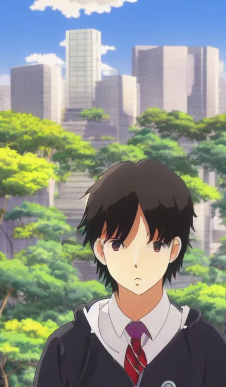 Prompt: anime fine details portrait of school boy in front of modern tokyo city landscape on the background deep bokeh, close-up view, anime masterpiece by Studio Ghibli, 8k, sharp high quality anime, artstation