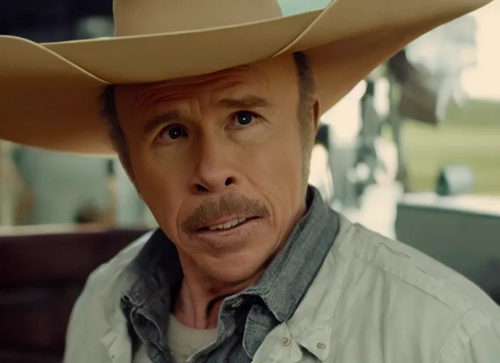 Image similar to film still of Clint Howard as Cooper with cowboy hat on in Interstellar, 4k