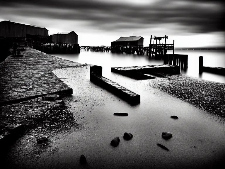 Image similar to a forgotten wharf on a cold sea by zacharias aagaard, hyperrealism, high contrast, low light, desaturated, grey mist, cobblestones, orange candle flames, volumetric lighting