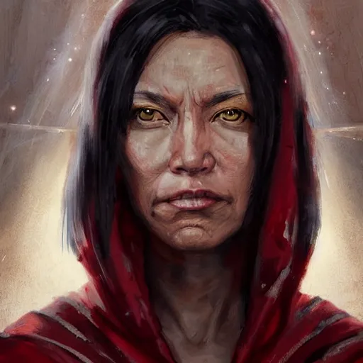 Image similar to portrait of a woman by greg rutkowski, jedi queen, half asian, black bob hair, star wars expanded universe, she is about 5 0 years old, wearing jedi red robes.