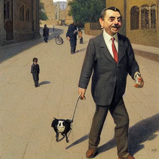 Prompt: mr. bean walks down a street on a sunny day by albert anker