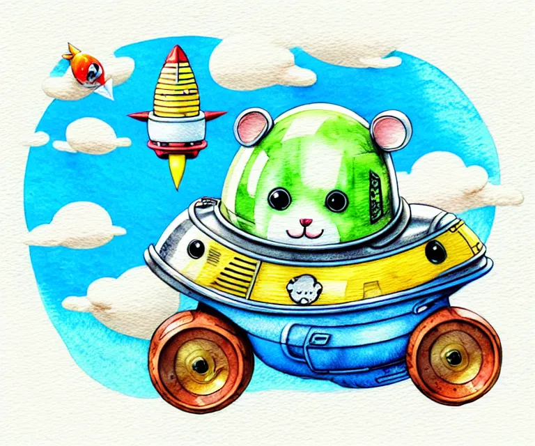 Prompt: cute and funny, hamster wearing a helmet riding in a tiny rocket ship, ratfink style by ed roth, centered award winning watercolor pen illustration, isometric illustration by chihiro iwasaki, edited by range murata, tiny details by artgerm and watercolor girl, symmetrically isometrically centered, focused