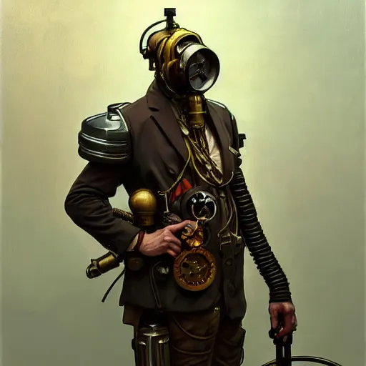 Image similar to portrait of a vicotrian steampunk in suit wearing a gas mask by darek zabrocki and greg ruthkowski, alphonse mucha, simon stalenhag and cinematic and atmospheric, concept art, artstation, trending on artstation