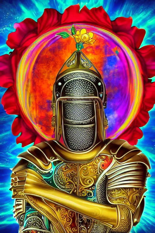 Prompt: colorful retrofuturistic digital airbrush illustration of a knight wearing an ornate chrome headpiece and holding a flower with a landscape and sky in the background by luigi patrignani