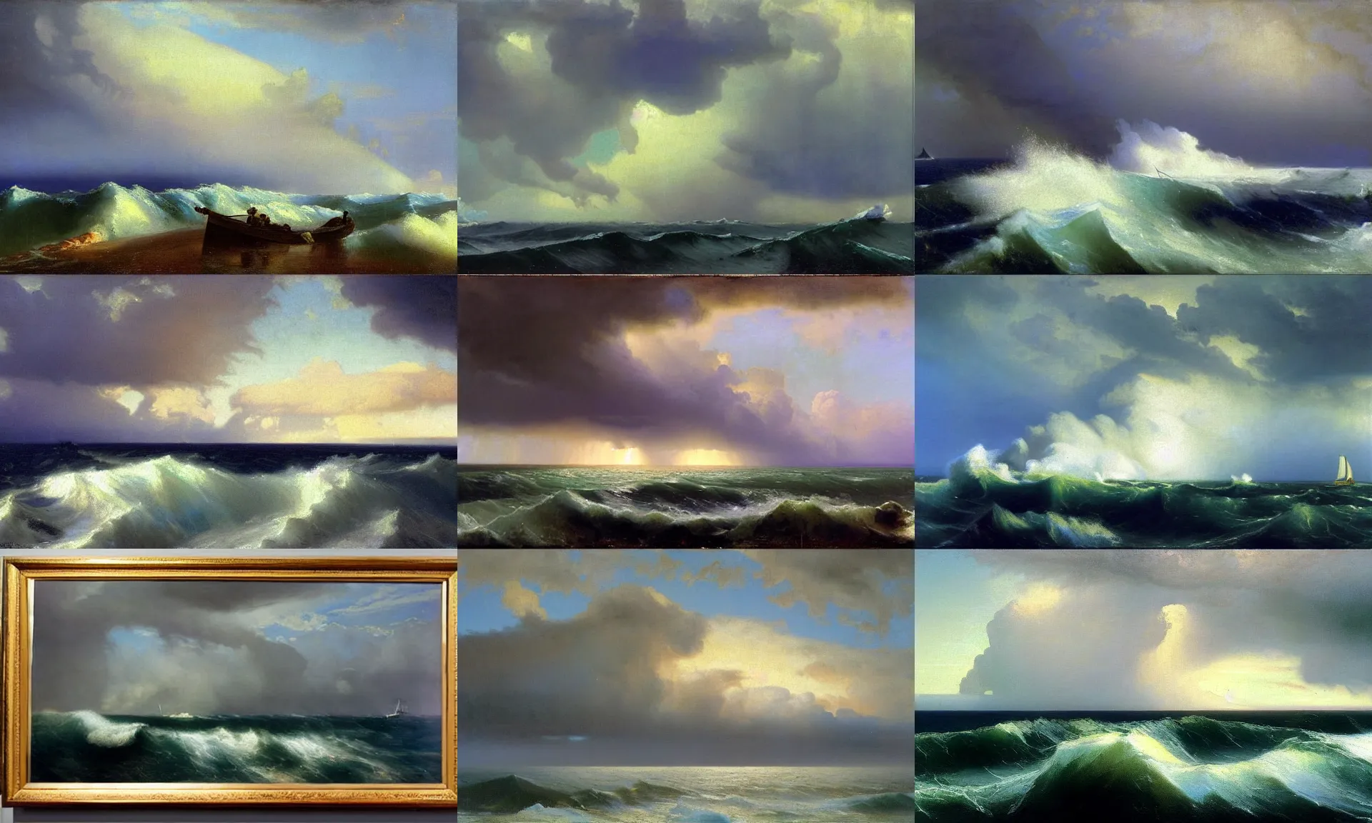 Prompt: stormy sky, cumulonimbus, realism, view from above on seascape, artwork by frederick judd waugh and Russ Kramer and christopher blossom and ivan aivazovsky