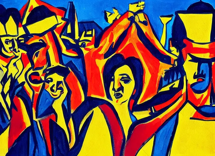 Prompt: a surreal painting of imperialism in the style of Ernst Ludwig Kirchner, facebook, fascist, USA, 1984, aesthetically pleasing composition, masterpiece, 4k, 8k, ultra realistic, dramatic lighting, smooth, sharp focus, extremely detailed