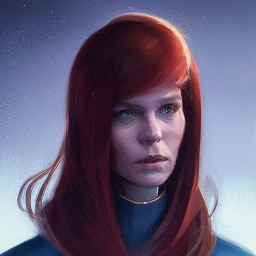 Image similar to Portrait of a woman by Greg Rutkowski, she is about 30 years old, redhead, long straight hair, beautiful oval face, wearing a futuristic spaceship captain uniform, strict but caring mom vibes, highly detailed portrait, digital painting, artstation, concept art, smooth, sharp foccus ilustration, Artstation HQ.